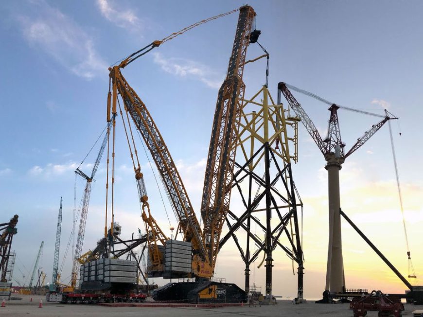 Heavy lifting of a 1,750 ton wind offshore Jacket with a 3,000 ton capacity crawler crane (Indonesia)