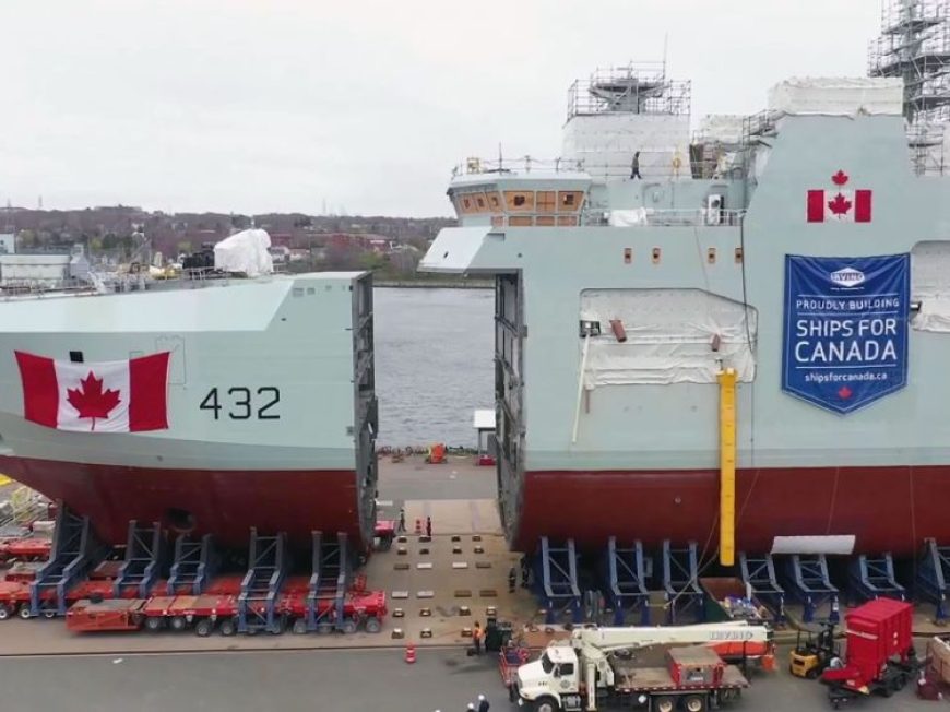 Load out and launching operation of Canadian Military ship sections by SPMTs 